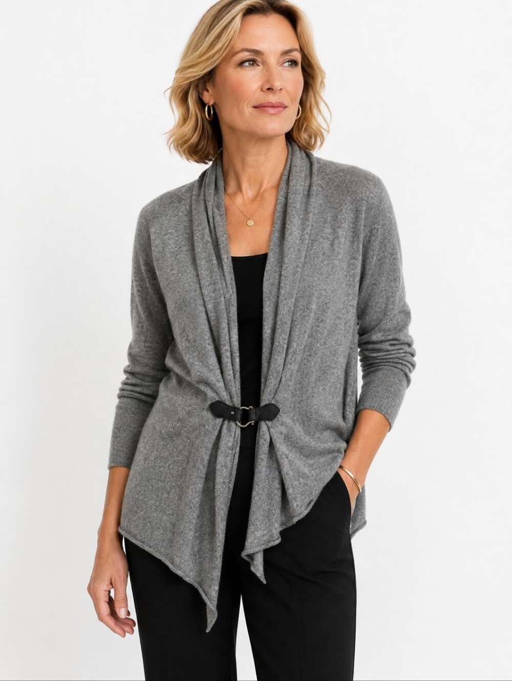 100% CASHMERE Belted Cardigan Sweater L Gray Asymmetrical Quiet Luxury Lagenlook